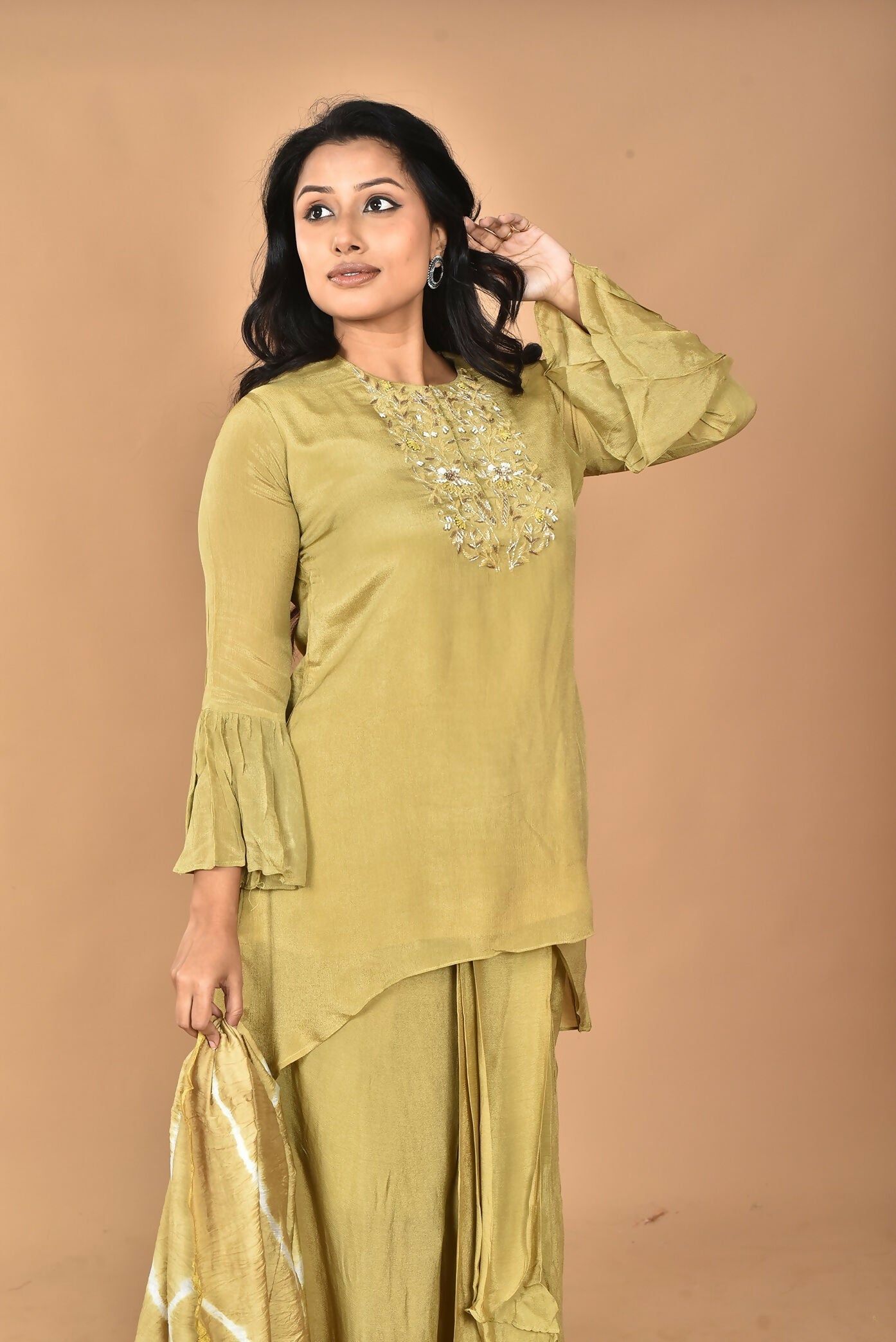 Morchari Women And Hand Embroidery Palazzo Set-Mehandi Green