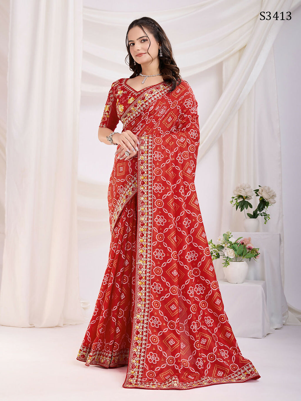 Maroon Vichitra Silk Bandhani Printed, Embroidery Work Saree - Ditya