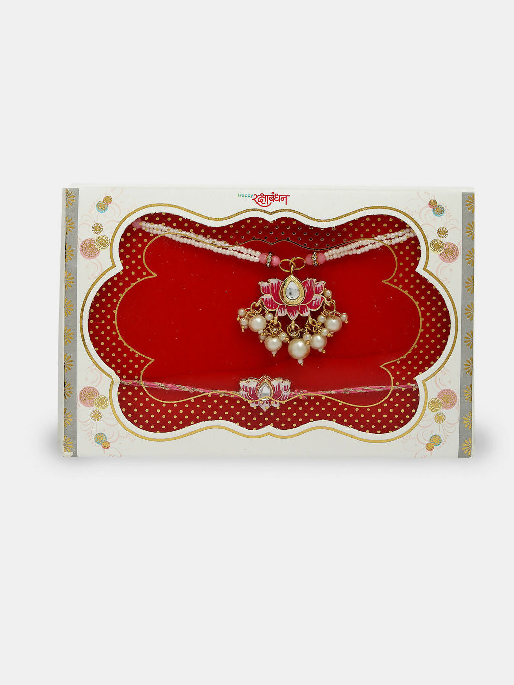 NVR Women & Men Set of 2 Pink Lotus Shape Kundan-Studded & Beaded Wraparound Rakhi Set With Roli Chawal & Chocolate - Distacart