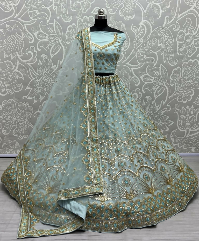 Jyoti Fashion Women's Sky Blue Bridal Net Fancy Sequins with Multi Thread Embroidered & Handwork Wedding Lehenga Choli