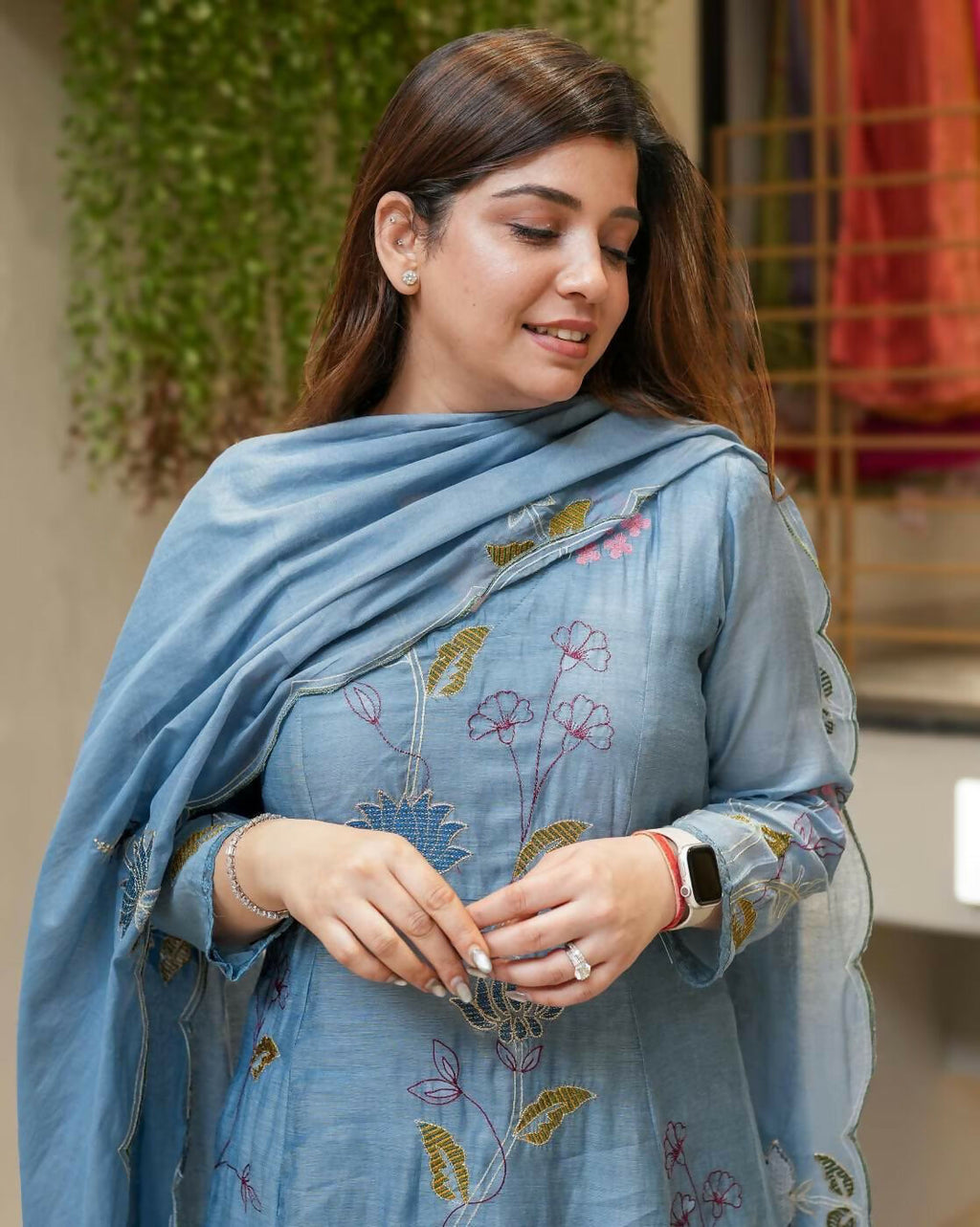 The52 Blue Women's Beautiful Cotton Fabric Thread Work Straight Kurta, Pant and Dupatta Set - Distacart