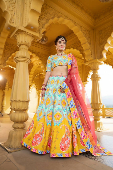 Designer Sky Blue Lehenga Choli for Women, Printed and Mirror Work Lehengas Set by Infinity Export