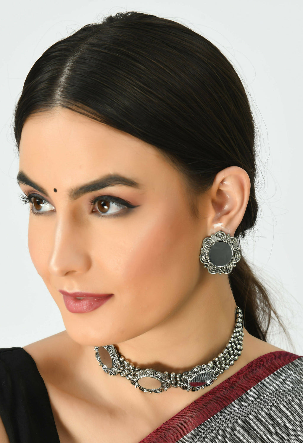 Mominos Fashion Johar Kamal Oxidised Silver-Plated Mirror Design Necklace Choker Set For Women - Distacart
