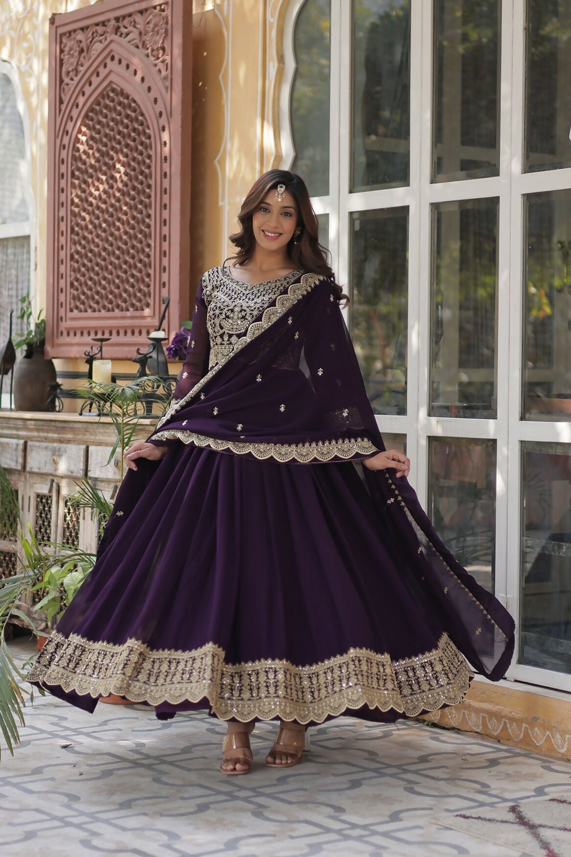 Joban Fashion Wine Georgette Sequence Embroidery Work Kurta Set - Distacart