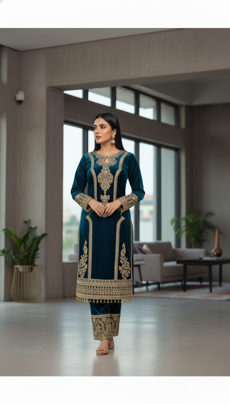 Joban Fashion Teal Velvet Embroidery Sequence Work Readymade Kurta Set - Distacart