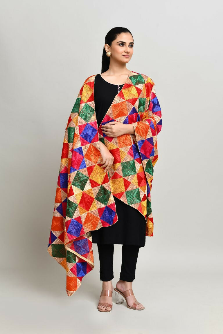 Joban Fashion Multi Color Cotton Embroidery Work Phulkari Dupatta