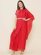 Women Republic Red Hand Embelleshed Gown With Drape - Distacart