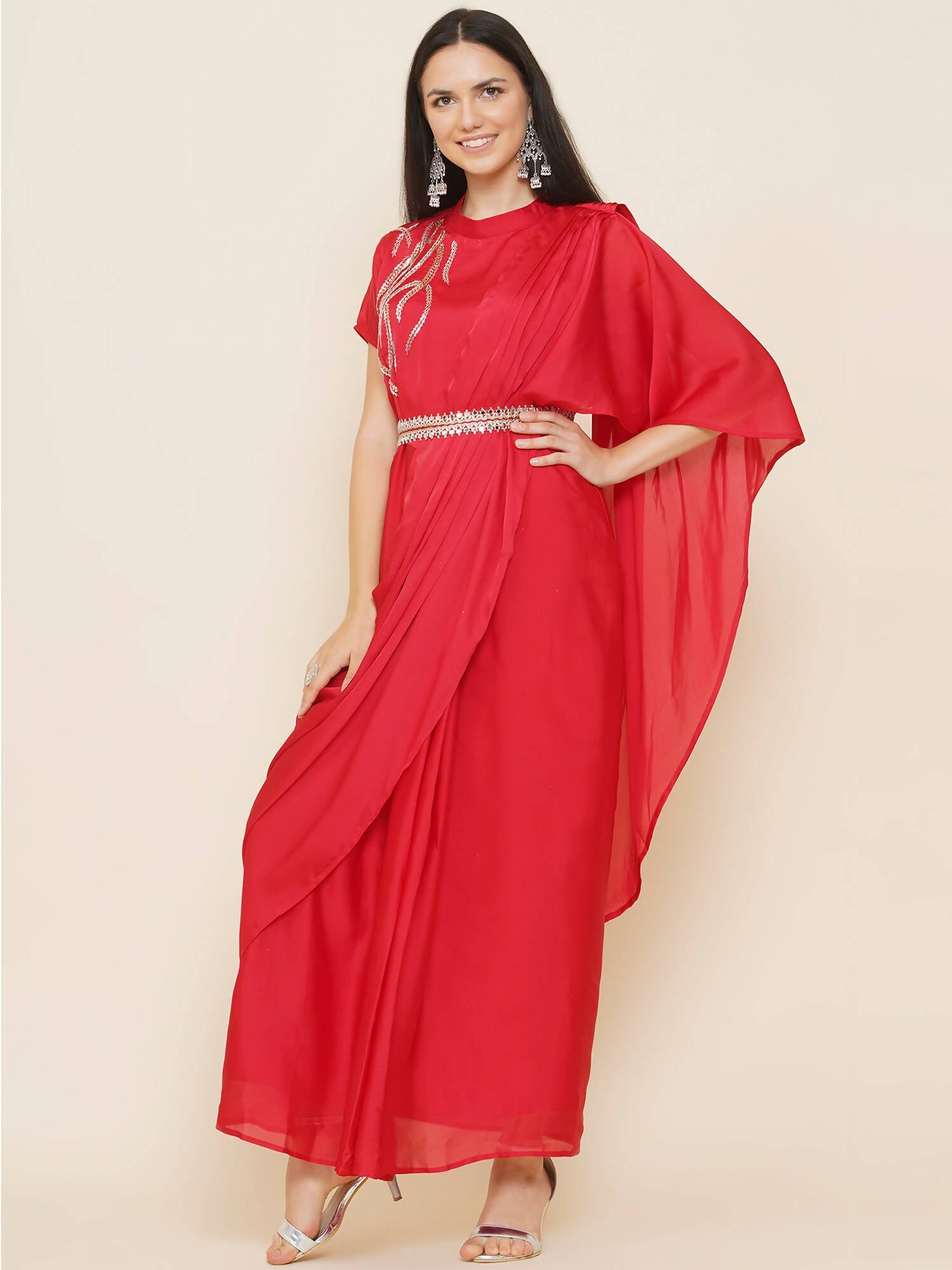 Women Republic Red Hand Embelleshed Gown With Drape - Distacart