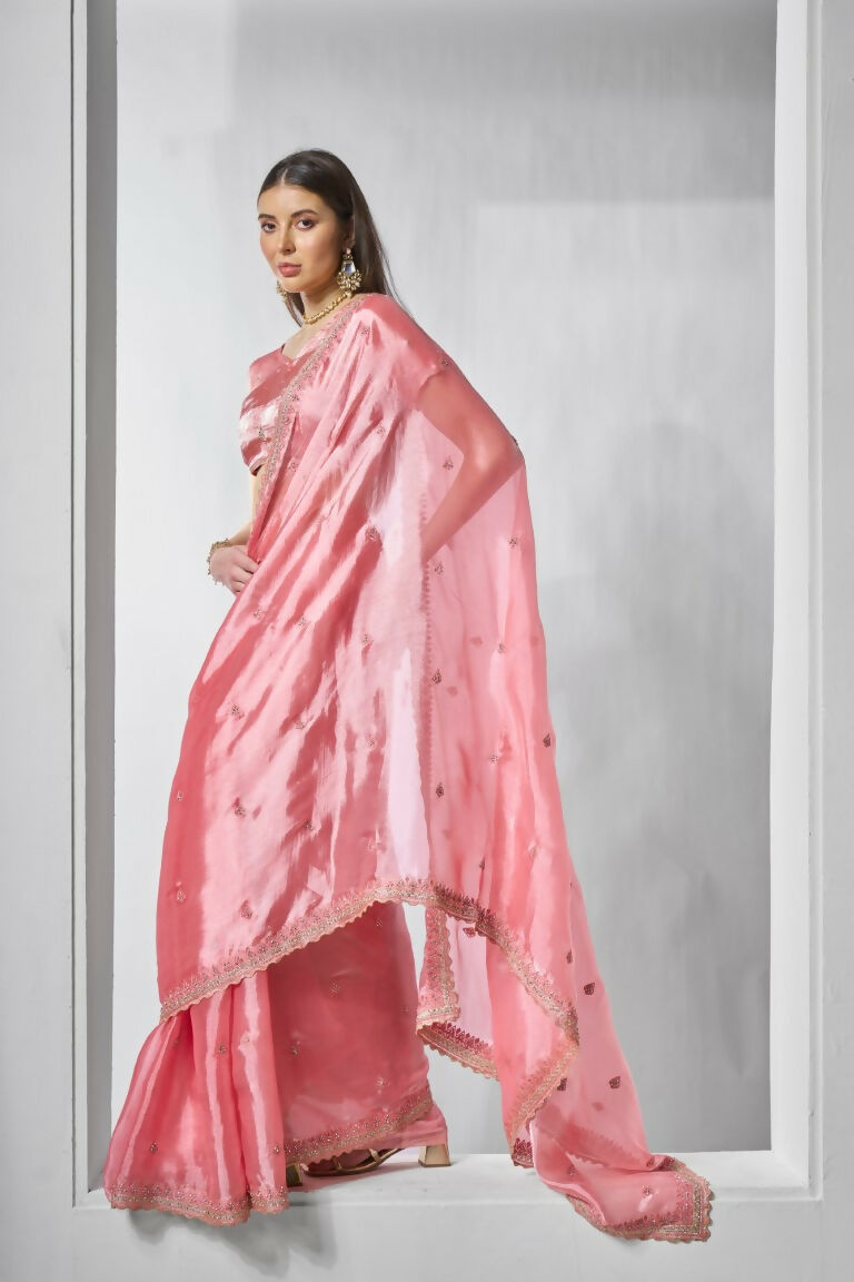 Coral Burburry silk Designer Embroidery Work Saree - Shezlin