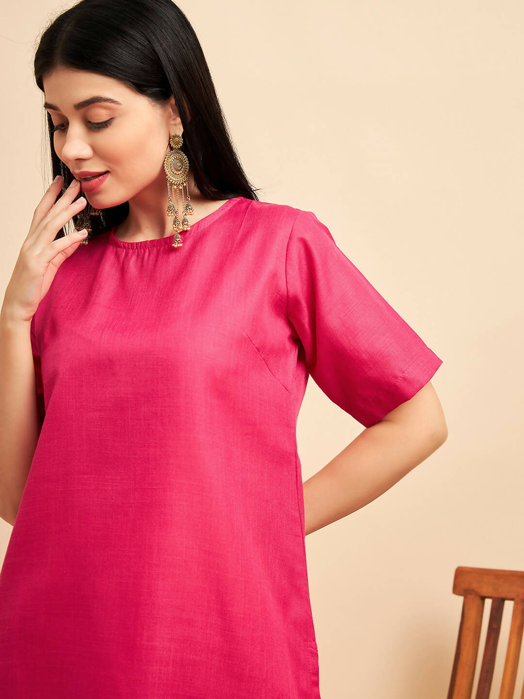 Pink Polyester solid Kurta with Palazzos - Vishwa