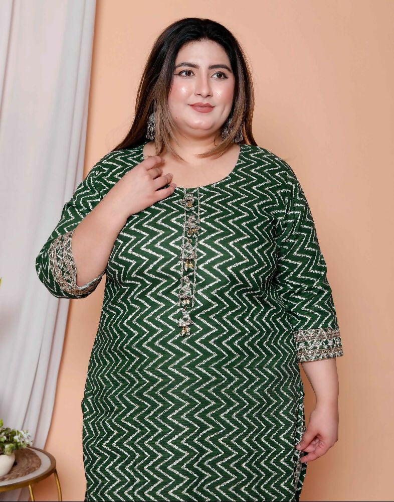 Miravan Womens Plus Size Green Zigzag Print Embroidery Rayon Straight Kurta - Distacart