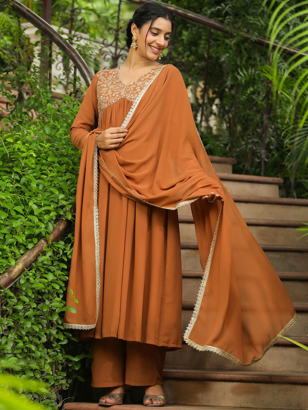 Janasya Brown Georgette Yoke Embroidery Kurta,Bottom & Dupatta