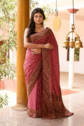 Joban Fashion Dark Pink Crepe Chiffon Pure Handloom Banarasi Silk Saree