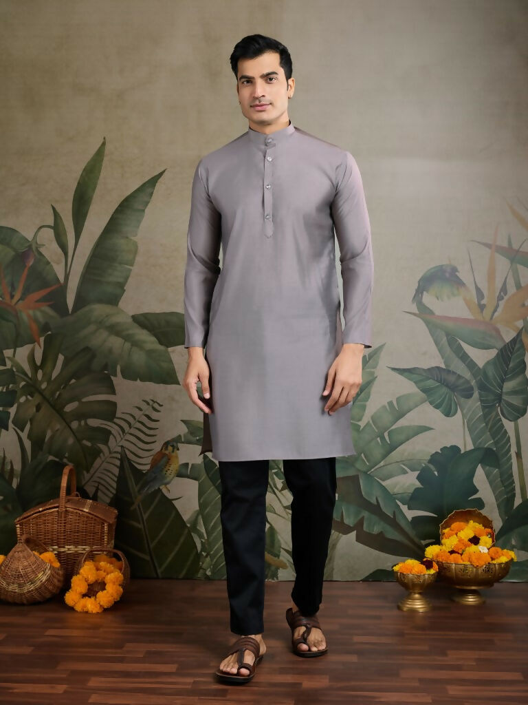 Vastranavya Grey Exclusive Festival Viscose Silk Thread & Swarovski Embroidered Work Mens Wear Kurta & Koti