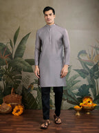 Vastranavya Grey Exclusive Festival Viscose Silk Thread & Swarovski Embroidered Work Mens Wear Kurta & Koti