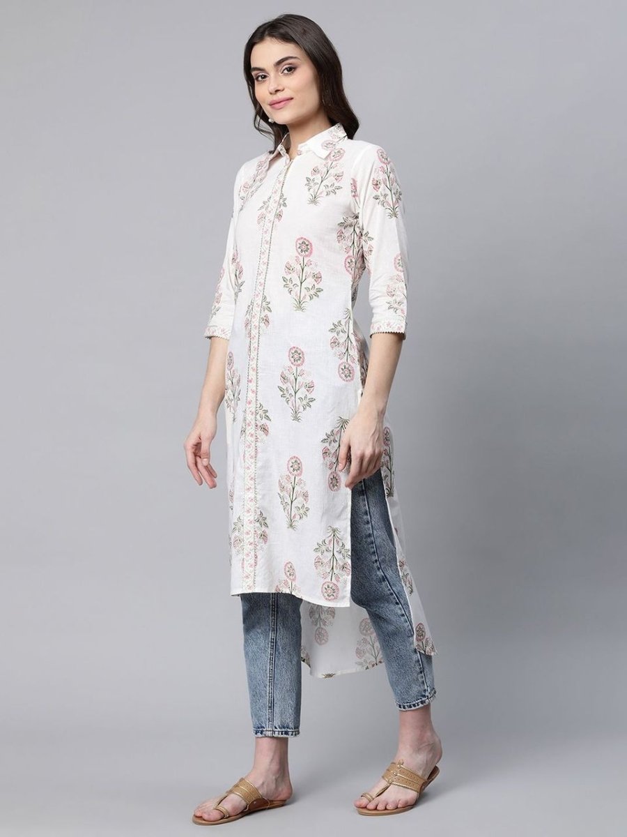 Ahalyaa Women's Off White Pure Cotton Floral Printed Kurta - Distacart