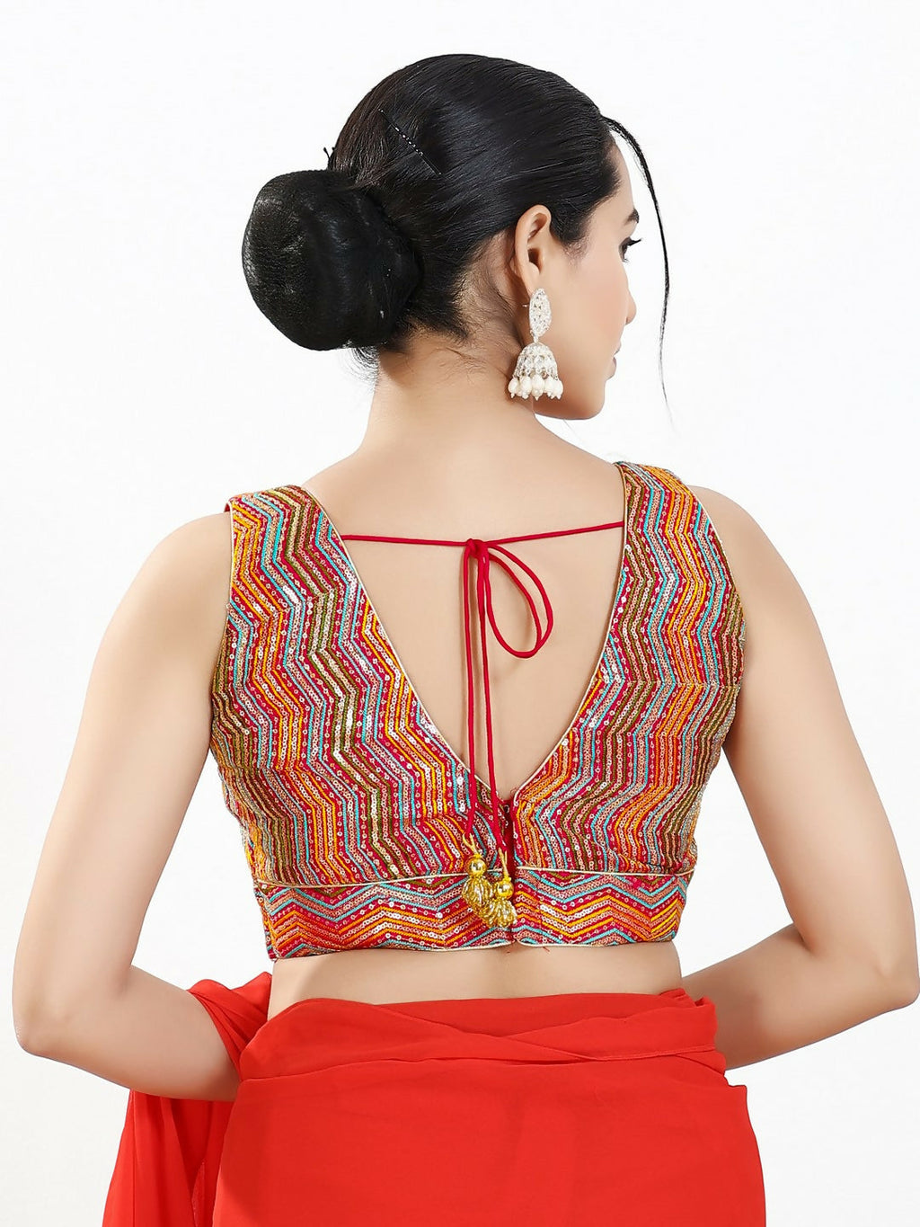Joban Fashion Red Multi Silk Padded Blouse With V Neck Sleeveless - Distacart