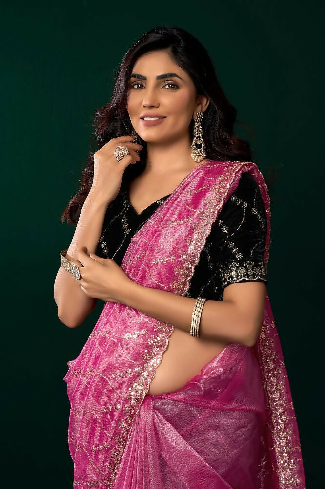 Joban Fashion Pink Net Party Wear Sarees - Distacart