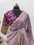 Teeya Creation Onion Color Gold Crush Tissue Saree With Lace Border - Distacart