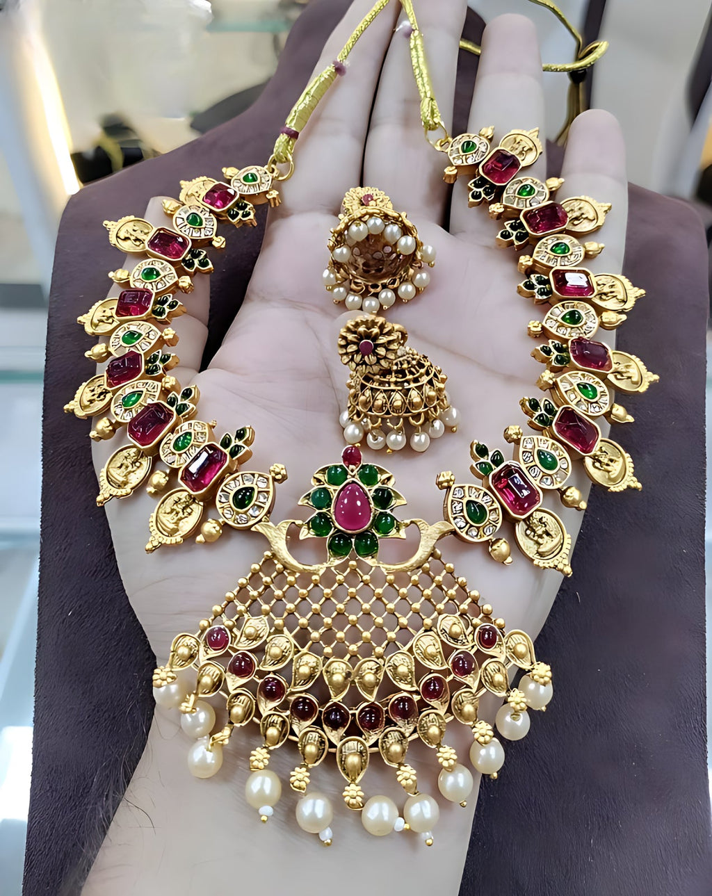 Jewel City Antique Gold Lakshmi Coin Choker Necklace Set with Ruby Red & Emerald Green Stones | Pearl Drop Temple Jewelry