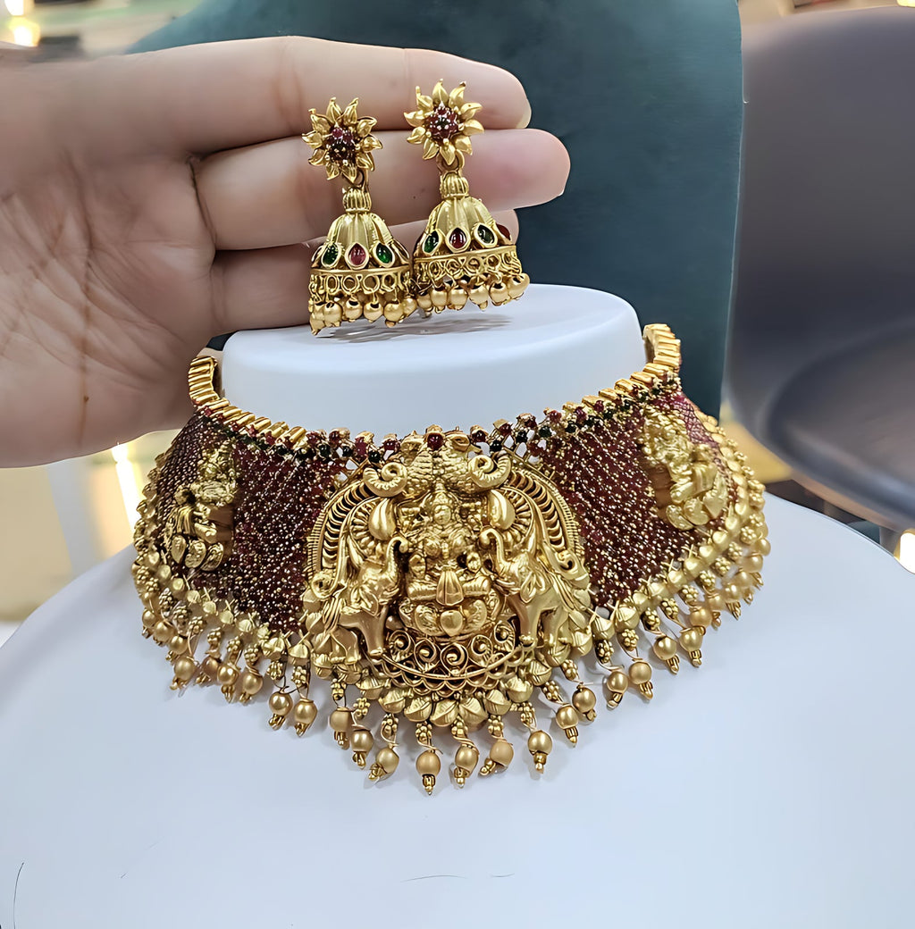 Jewel City Antique Gold Temple Lakshmi Choker Set with Ruby & Emerald Stones | Traditional Bridal Kemp Jewelry Set