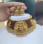Jewel City Antique Gold Temple Lakshmi Choker Set with Ruby & Emerald Stones | Traditional Bridal Kemp Jewelry Set