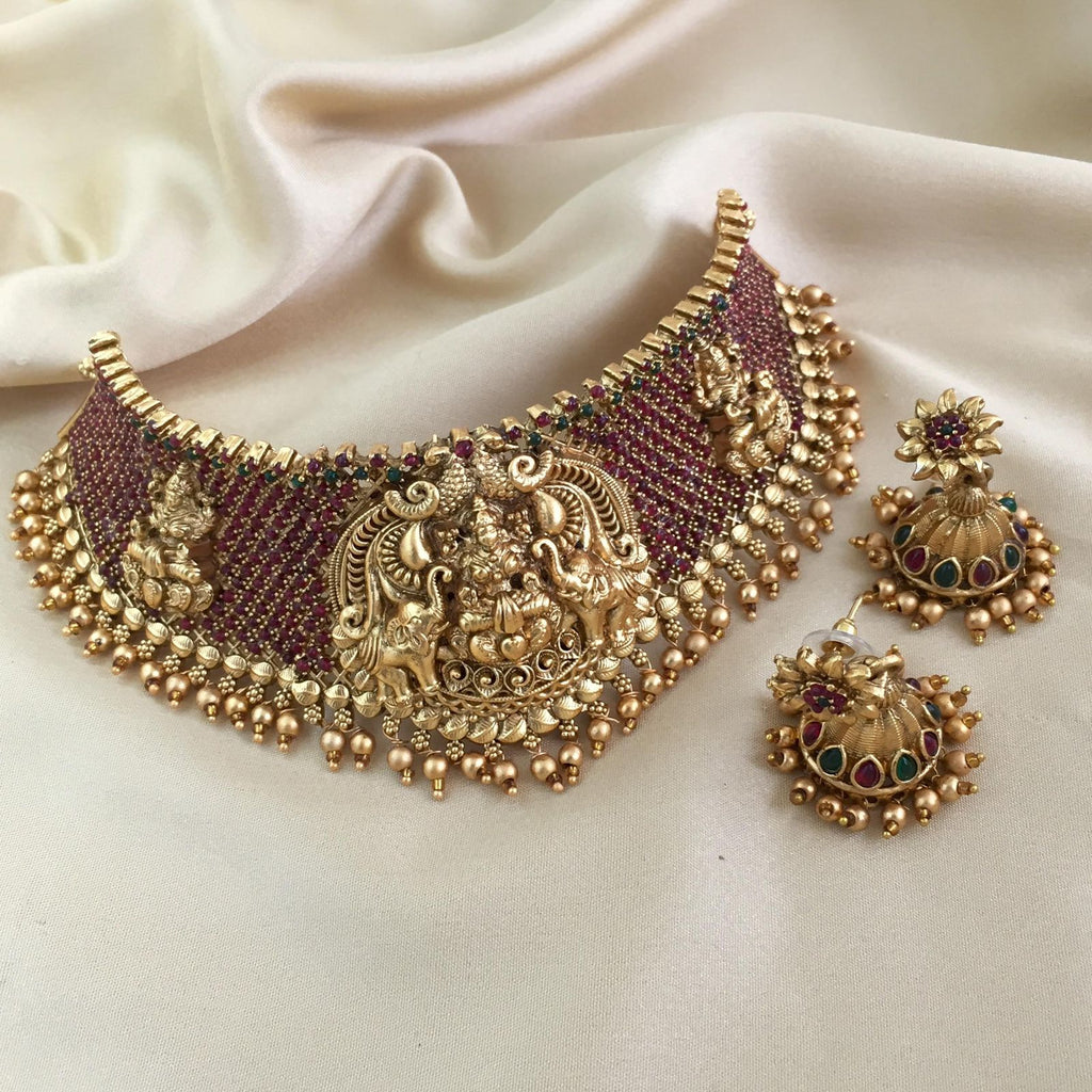 Jewel City Antique Gold Temple Lakshmi Choker Set with Ruby & Emerald Stones | Traditional Bridal Kemp Jewelry Set