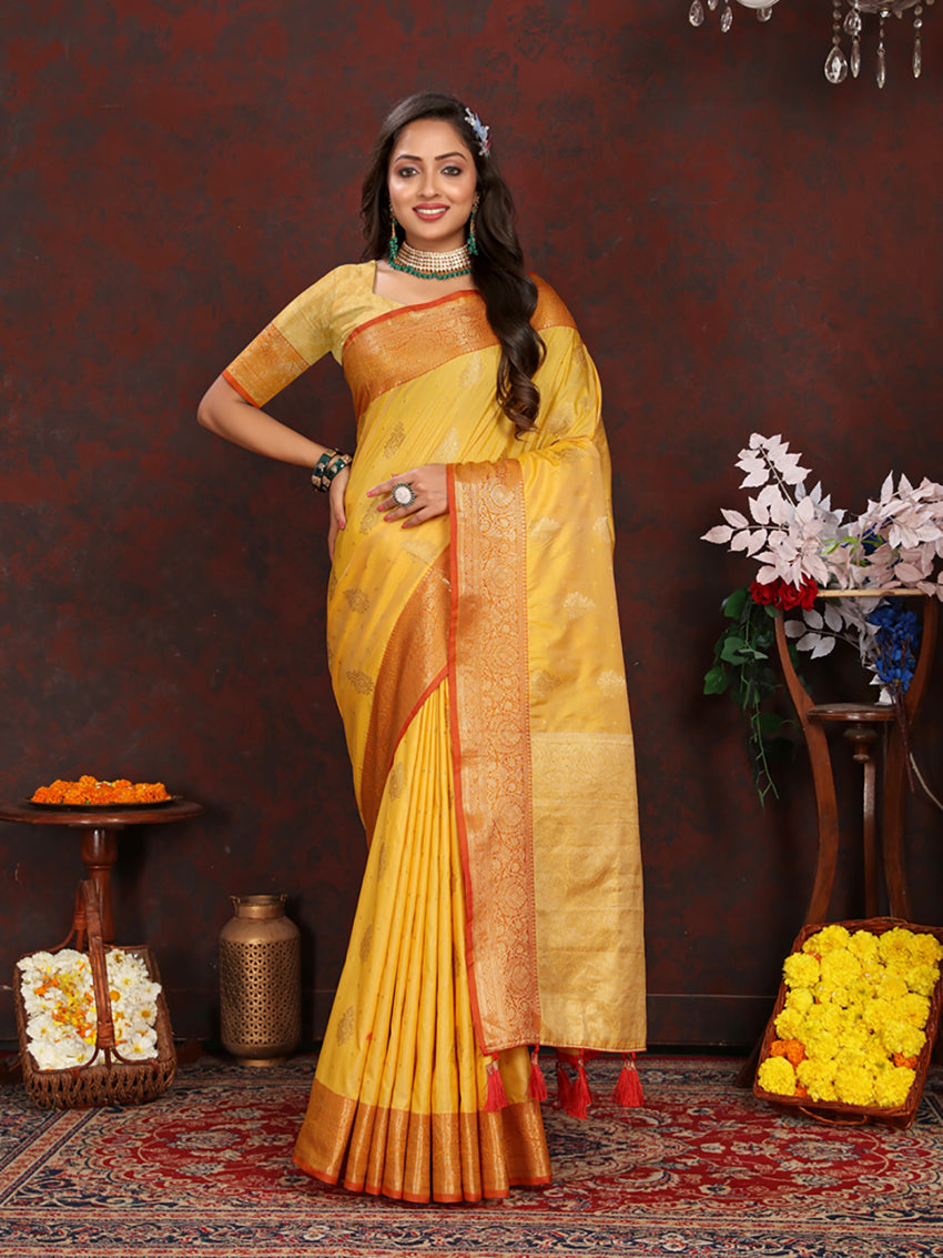 Lorenvalley Fashion Gold Soft Katan Silk Woven Design Zari Weaving Pallu Saree