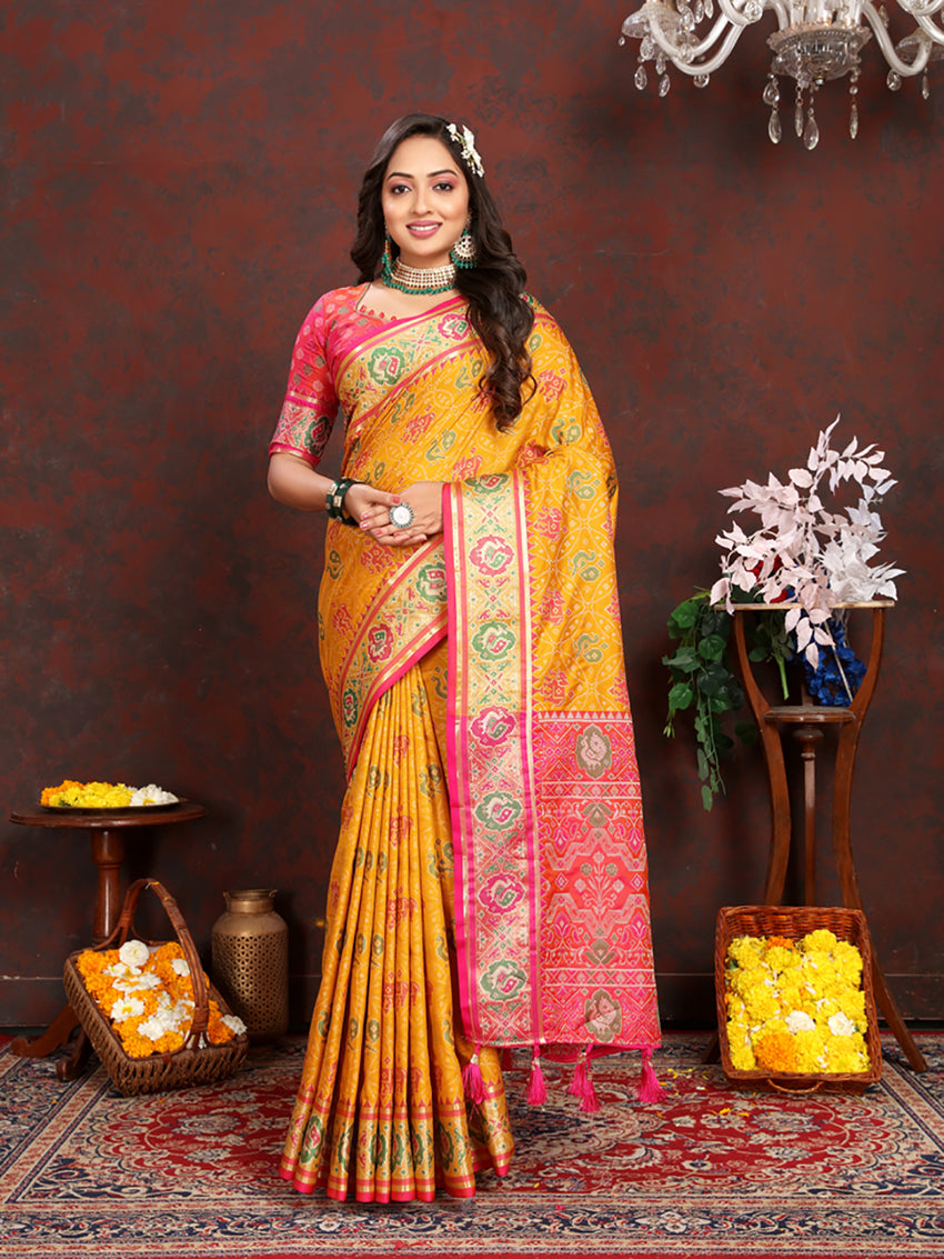 Lorenvalley Fashion Gold Patola Silk Woven Design with Zari Meenakari Weaving motifs Pallu Saree