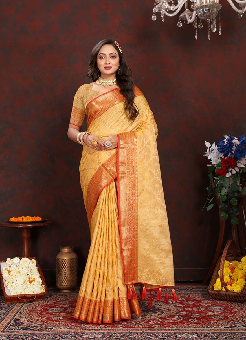 Lorenvalley Fashion Gold Soft Katan Silk Woven Design Zari Weaving Pallu Saree