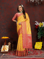 Lorenvalley Fashion Gold Organza Silk Woven Design with Rich Meenakari Weaving Pallu Saree