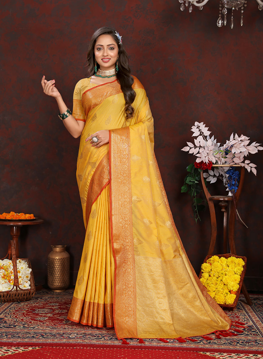 Lorenvalley Fashion Gold Soft Katan Silk Woven Design Zari Weaving Pallu Saree