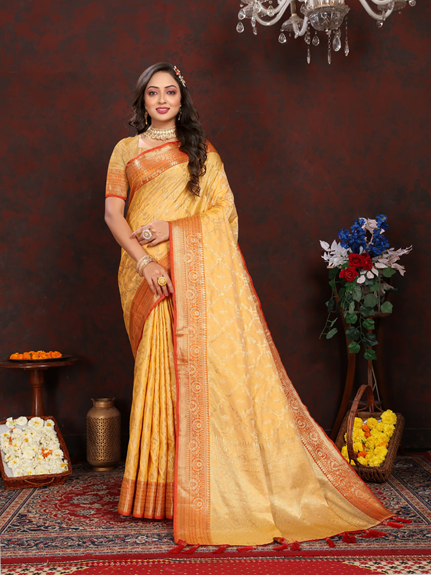 Lorenvalley Fashion Gold Soft Katan Silk Woven Design Zari Weaving Pallu Saree
