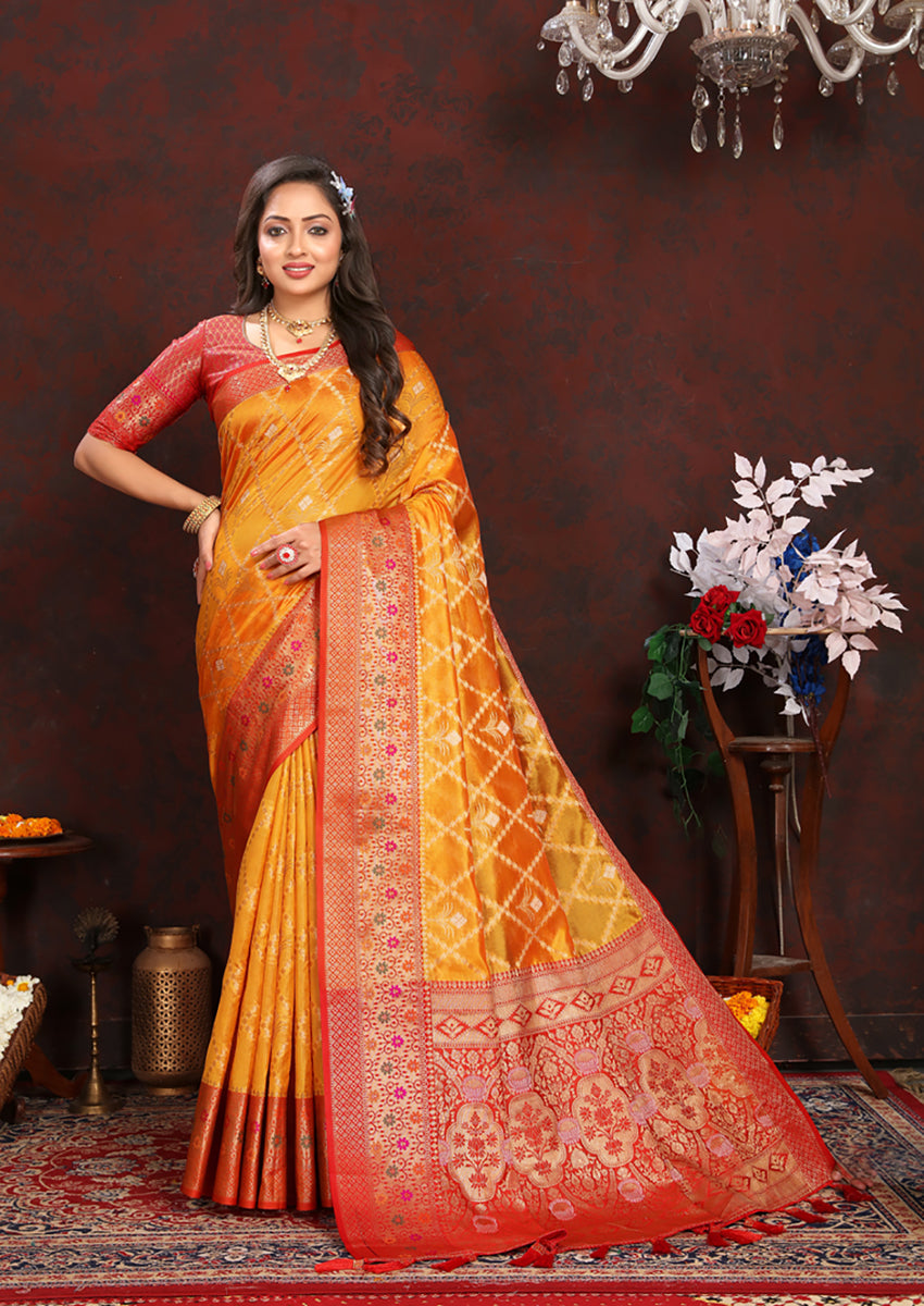 Lorenvalley Fashion Gold Organza Silk Woven Design with Rich Meenakari Weaving Pallu Saree