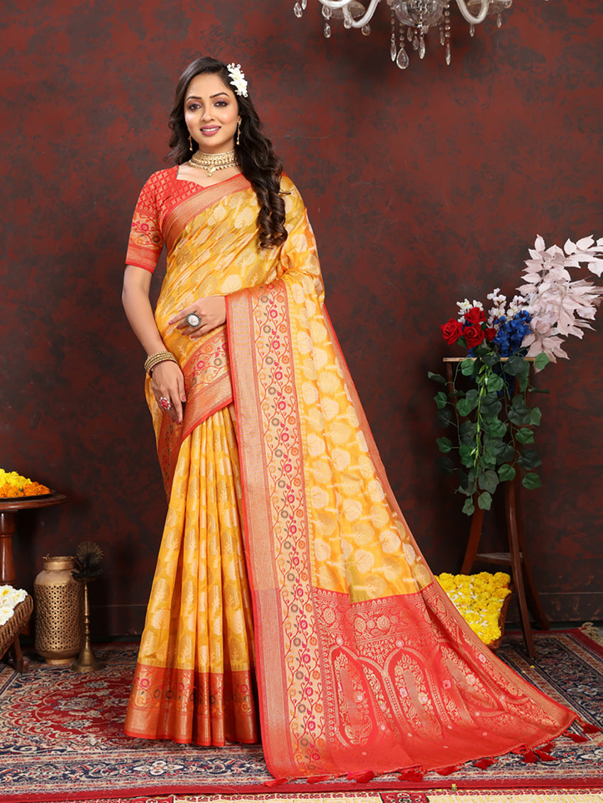 Lorenvalley Fashion Gold Organza Silk Woven Design with Rich Meenakari Weaving Pallu Saree