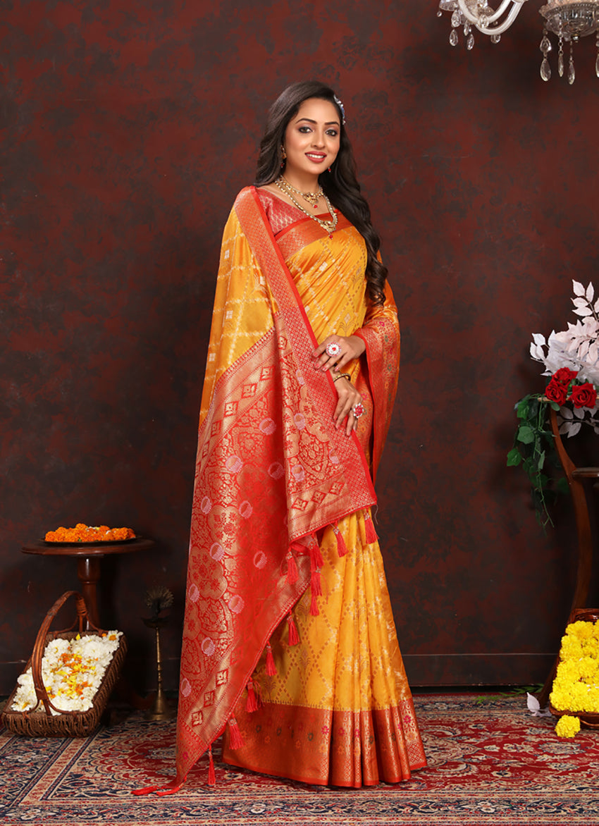 Lorenvalley Fashion Gold Organza Silk Woven Design with Rich Meenakari Weaving Pallu Saree