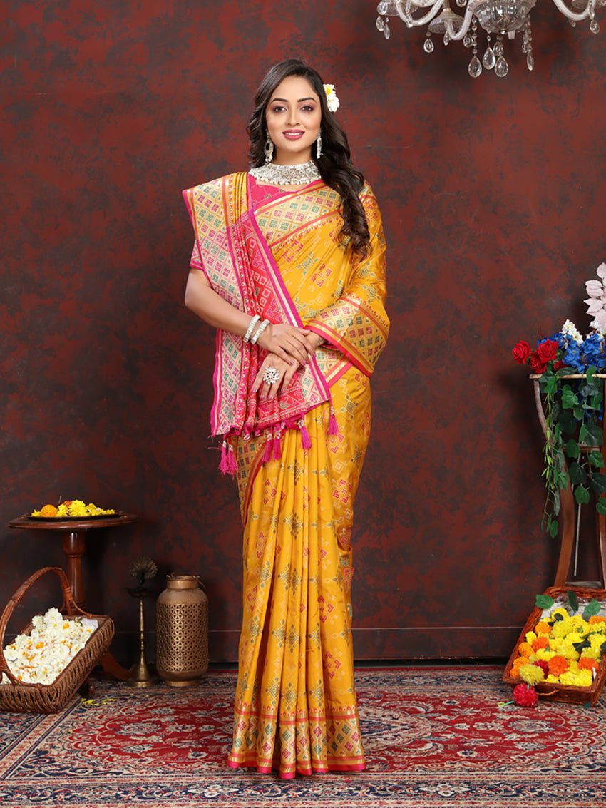 Lorenvalley Fashion Gold Patola Silk Woven Design with Zari Meenakari Weaving motifs Pallu Saree
