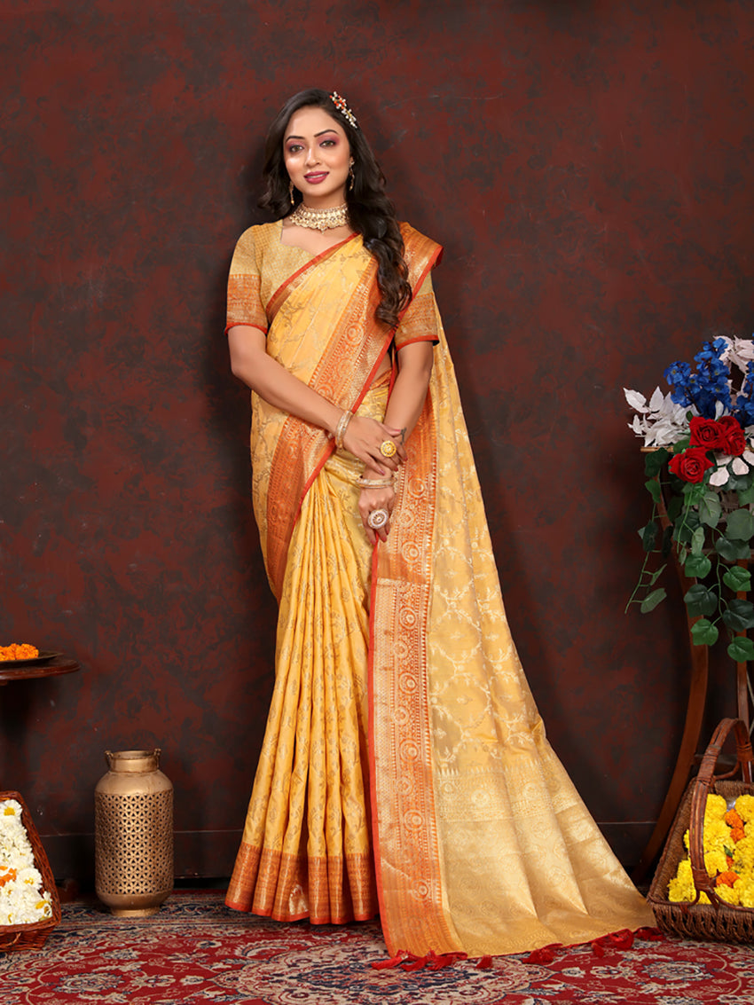 Lorenvalley Fashion Gold Soft Katan Silk Woven Design Zari Weaving Pallu Saree