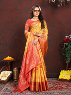 Lorenvalley Fashion Gold Organza Silk Woven Design with Rich Meenakari Weaving Pallu Saree