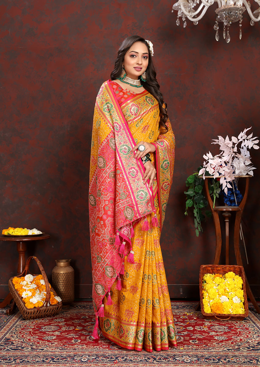 Lorenvalley Fashion Gold Patola Silk Woven Design with Zari Meenakari Weaving motifs Pallu Saree