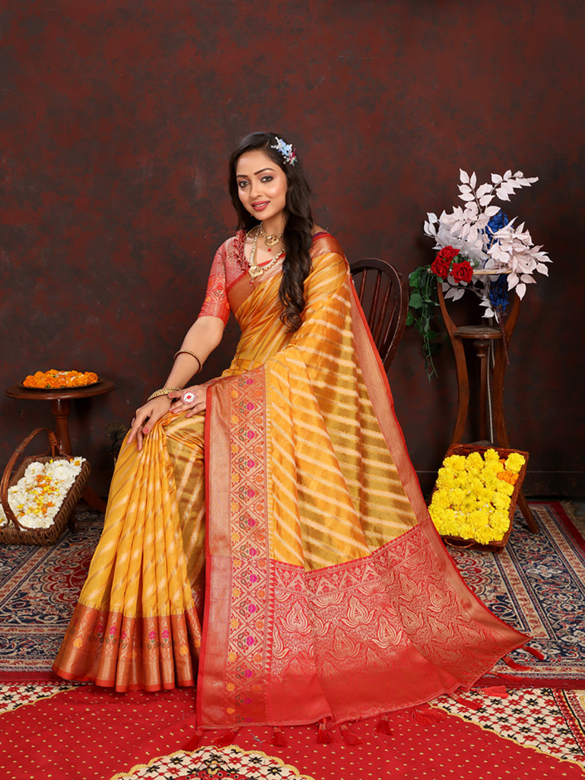 Lorenvalley Fashion Gold Organza Silk Woven Design with Rich Meenakari Weaving Pallu Saree