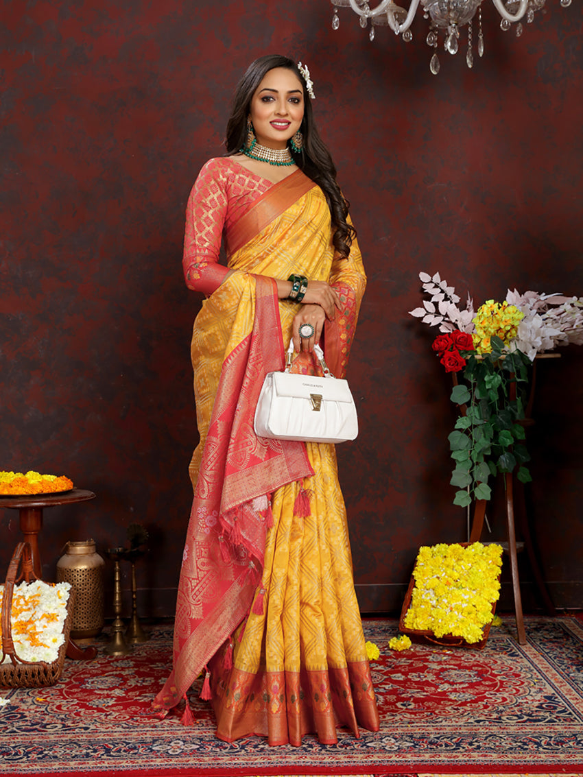 Lorenvalley Fashion Gold Organza Silk Woven Design with Rich Meenakari Weaving Pallu Saree