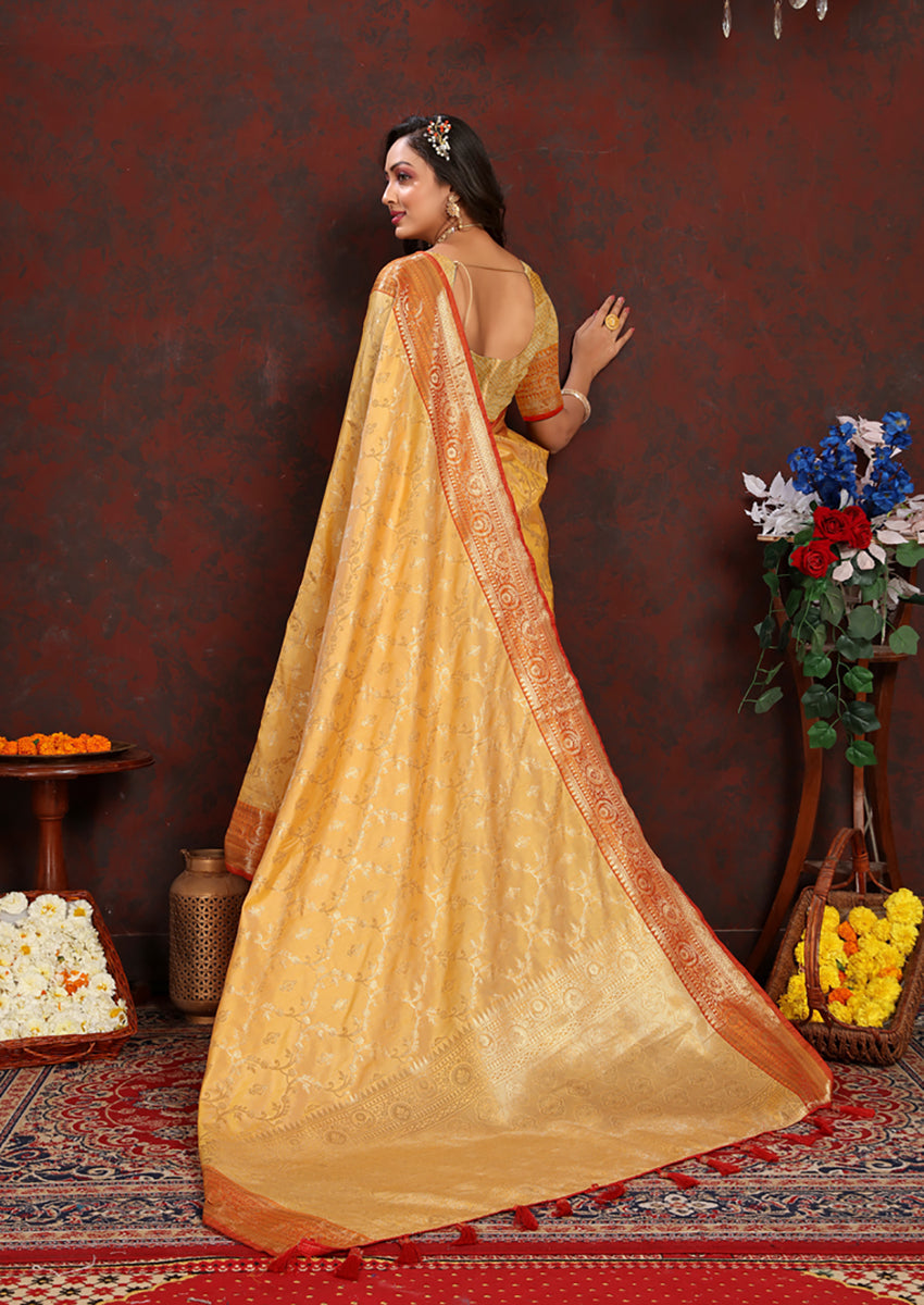 Lorenvalley Fashion Gold Soft Katan Silk Woven Design Zari Weaving Pallu Saree