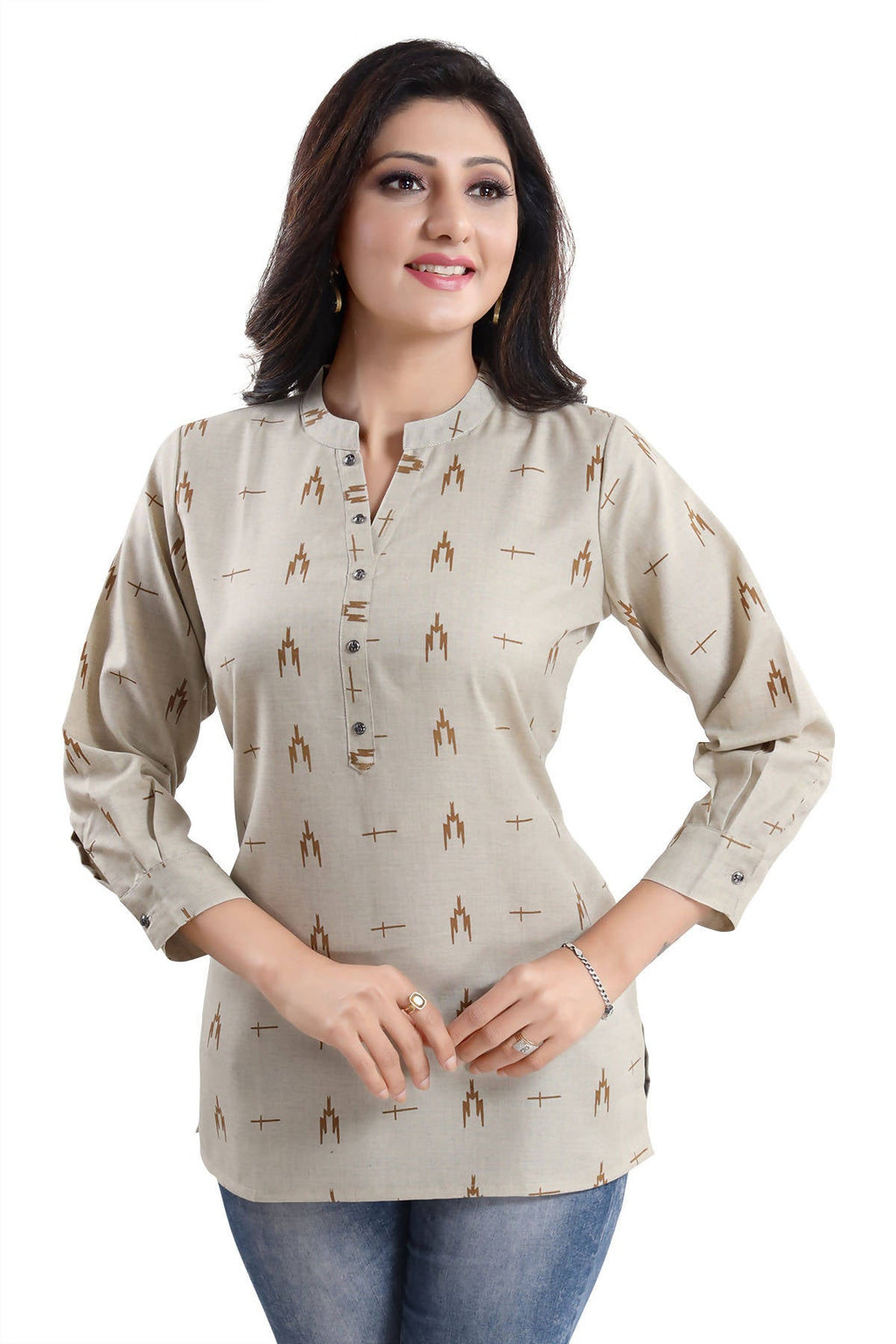 Snehal Creations Beige Cotton Blended Casual Short Tunic Top - Distacart
