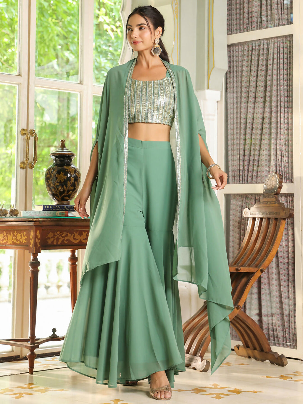 Janasya Sage Green Georgette Sequined Top Bottom Cape