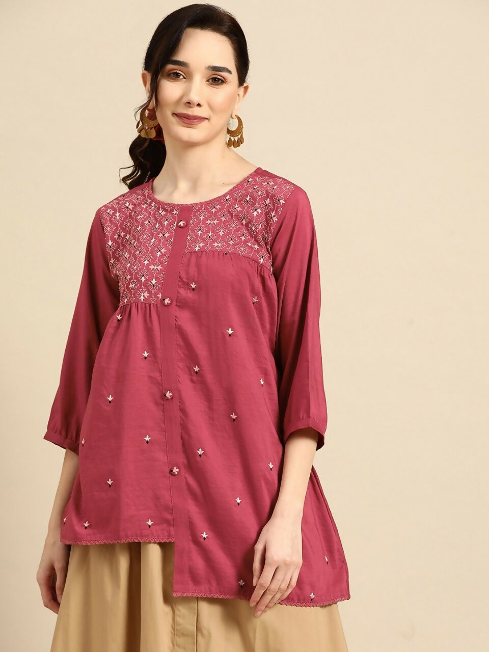 Women's Pink Viscose blend Embroidered Short Top - Marina