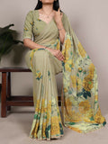 Vastranavya Mehendi Weightless Marble and Floral Printed Georgette Saree with Unstitched Blouse - Distacart