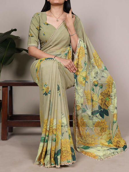 Vastranavya Mehendi Weightless Marble and Floral Printed Georgette Saree with Unstitched Blouse