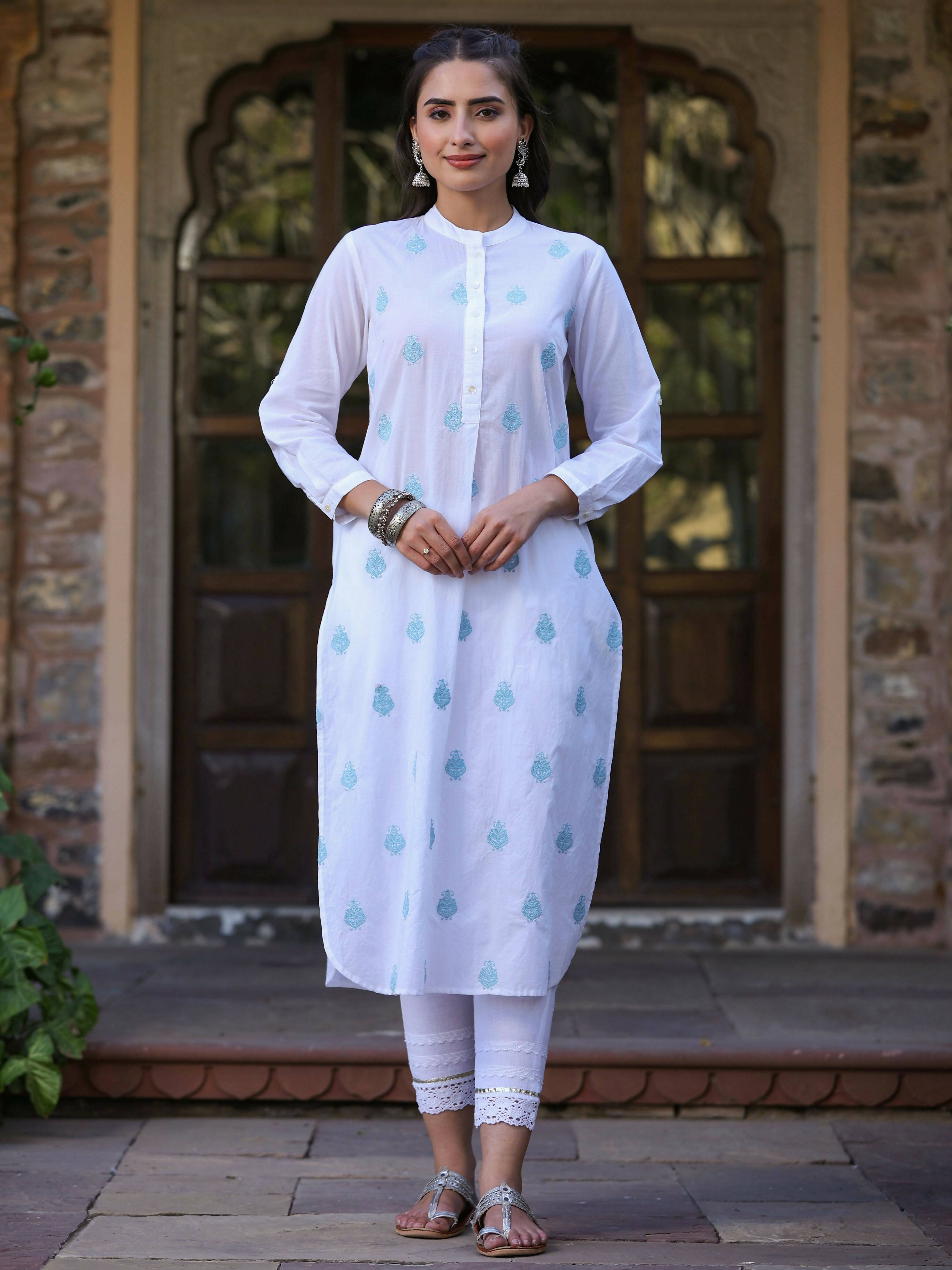 Juniper Women's White Cambric Printed Straight Kurta - Distacart
