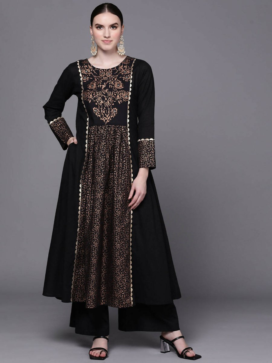 Ahalyaa Women Black Floral Printed Pure Cotton Kurta with Palazzos - Distacart